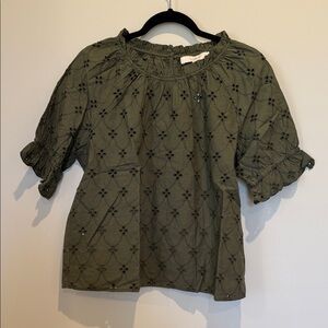 LOFT Olive Eyelet Puff-Sleeve Blouse